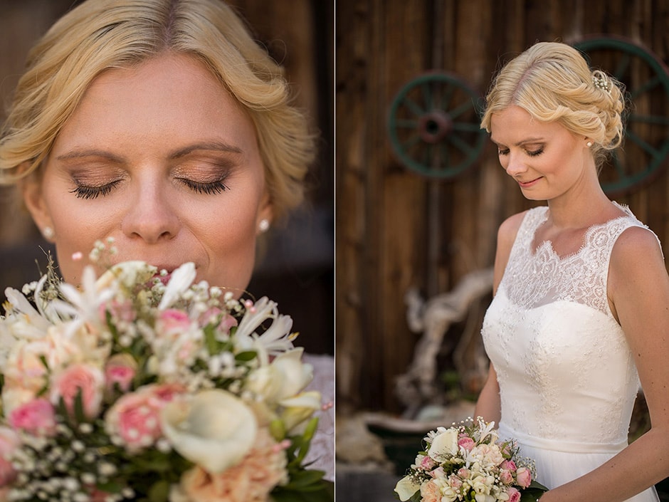Hochzeitskleid und Brautstrauß