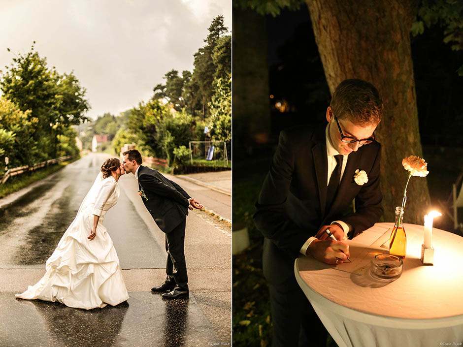 Hochzeitsfotos bei Regen (links) und Brief an die Braut (rechts)